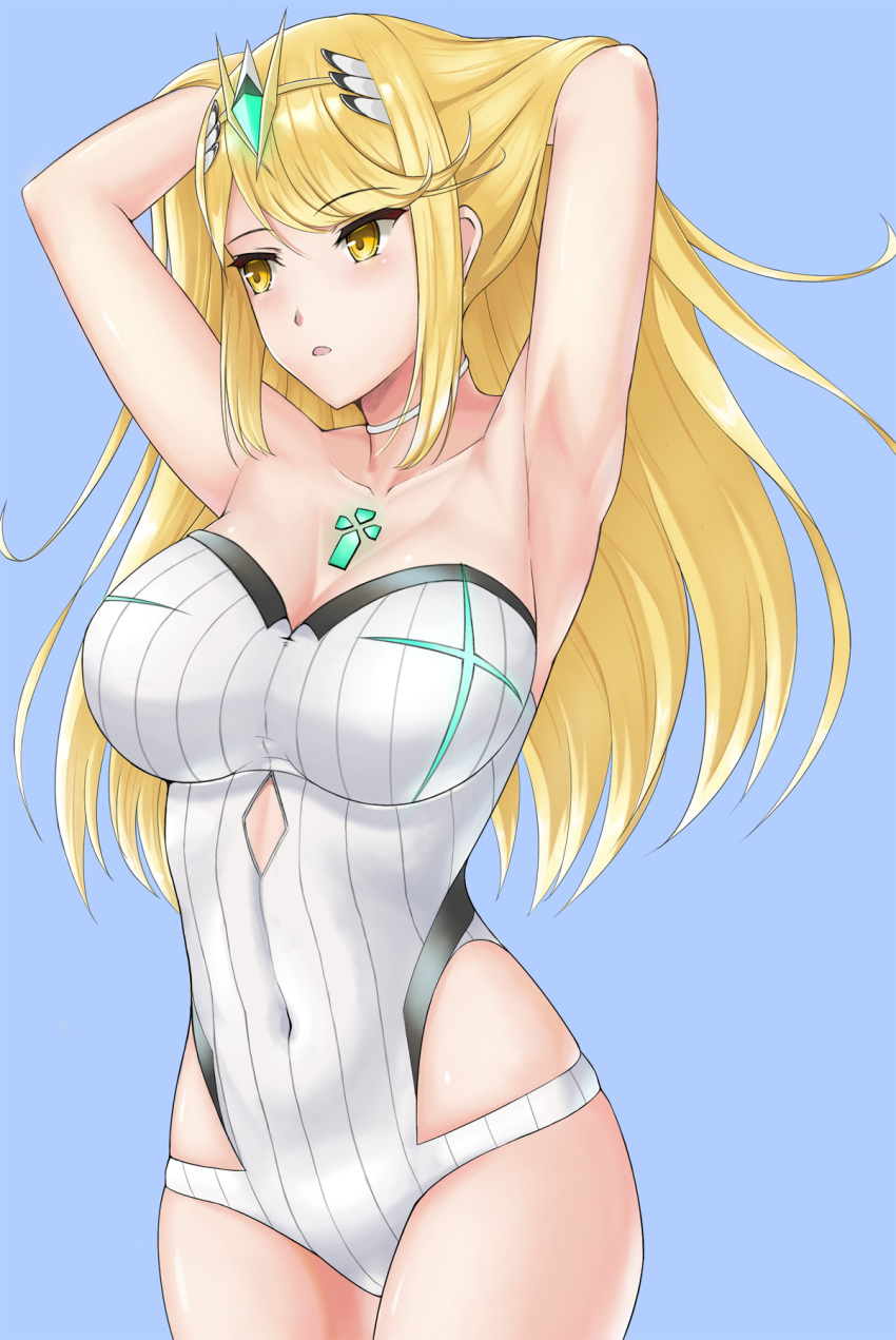 1girl armpits arms_behind_head bangs blonde_hair blue_background breasts chest_jewel choker covered_navel cowboy_shot highres mythra_(xenoblade) jewelry large_breasts long_hair maou_ksw one-piece_swimsuit solo strapless strapless_swimsuit swept_bangs swimsuit tiara white_choker white_swimsuit xenoblade_(series) xenoblade_2 yellow_eyes