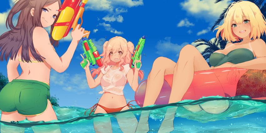 3girls :d absurdres akemi_(waifubot) ass_visible_through_thighs athildrii_(waifubot) ball barefoot beach beachball bikini blue_eyes breasts day green_bikini green_eyes green_shorts highres innertube long_hair medium_breasts multiple_girls navel newas_(waifubot) ocean open_mouth original original_content red_bikini see-through shirt short_hair shorts smile summer super_soaker swimsuit tan tanline tongue tongue_out wading waifubot water water_gun wet white_shirt