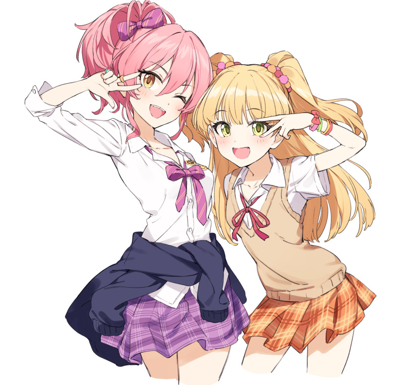 2girls absurdres bangs blonde_hair bow bracelet clothes_around_waist commentary_request eyelashes fangs green_eyes gyaru hair_bow high_ponytail highres idolmaster idolmaster_cinderella_girls jewelry jougasaki_mika jougasaki_rika kogal long_hair looking_at_viewer miniskirt multiple_girls neck_ribbon nyum one_eye_closed open_collar orange_skirt pink_hair plaid pleated_skirt purple_skirt ribbon ring school_uniform shirt short_hair short_sleeves siblings sisters skirt sleeves_past_elbows sweater sweater_around_waist sweater_vest two_side_up white_background white_shirt yellow_eyes