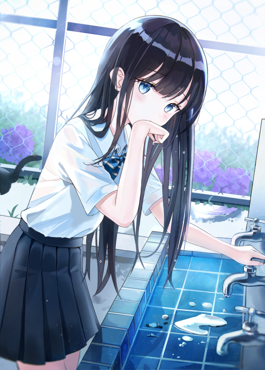 1girl bangs black_hair black_skirt blue_bow blue_eyes blue_neckwear blurry blurry_background blush bow cat chain-link_fence collared_shirt commentary_request cowboy_shot day depth_of_field diagonal_stripes eyebrows_visible_through_hair faucet fence flower hand_to_own_mouth highres hydrangea iren_lovel leaning_forward long_hair looking_at_viewer original outdoors pleated_skirt puddle purple_flower school_uniform serafuku shirt shirt_tucked_in short_sleeves skirt solo striped striped_bow striped_neckwear very_long_hair water white_shirt