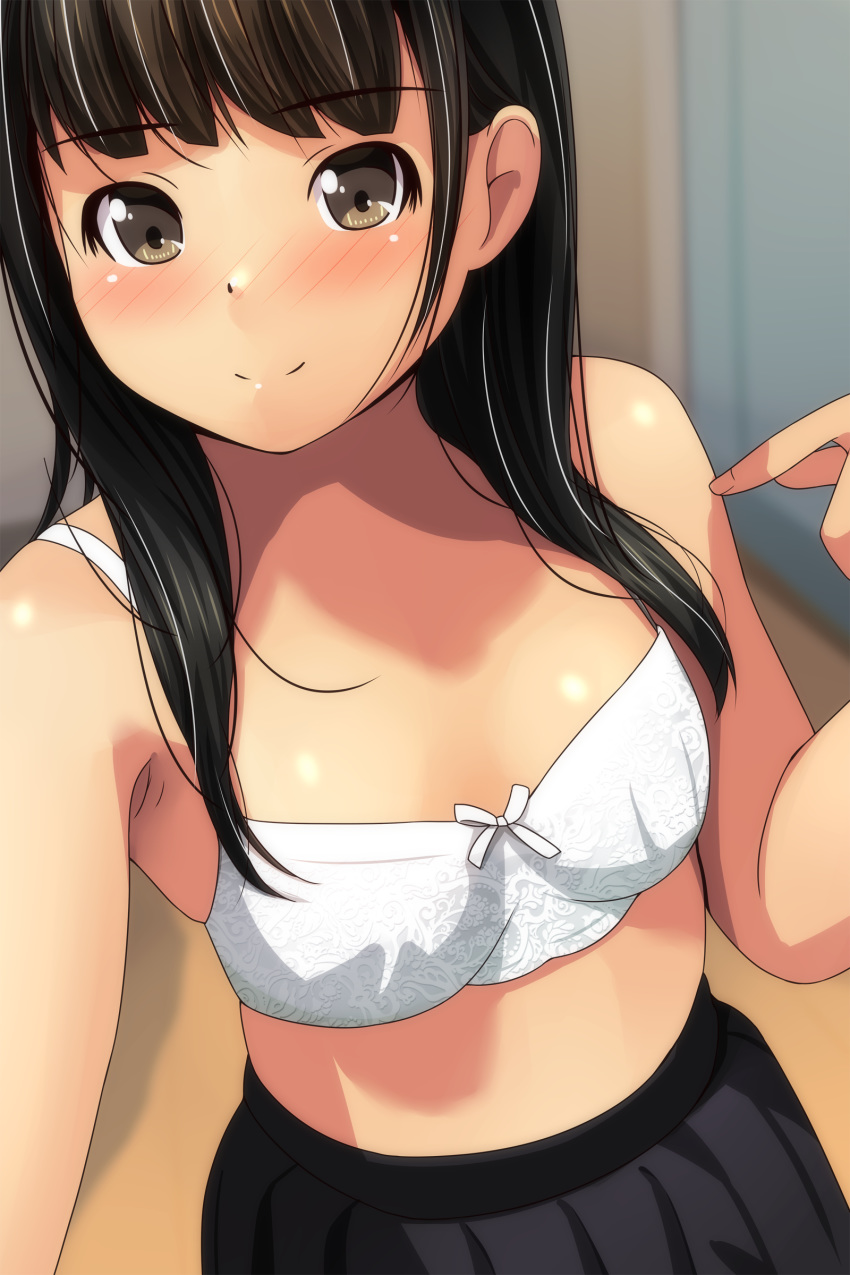 1girl absurdres bangs bare_arms bare_shoulders black_hair black_skirt blurry blurry_background blush bow bow_bra bra breasts brown_eyes closed_mouth depth_of_field eyebrows_visible_through_hair hand_up highres indoors long_hair matsunaga_kouyou no_shirt nose_blush original pleated_skirt skirt small_breasts smile solo underwear white_bra