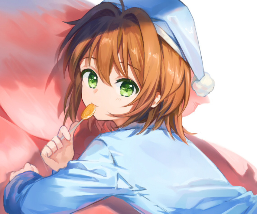 1girl ahoge bangs blue_headwear blue_shirt blush brown_hair candy cardcaptor_sakura closed_mouth commentary_request eyebrows_visible_through_hair food green_eyes hair_between_eyes hair_intakes hat holding holding_candy holding_food holding_lollipop kinomoto_sakura lollipop long_sleeves looking_at_viewer looking_to_the_side lying nightcap on_stomach pajamas shirt solo upper_body white_background zhi_(yammycheese)