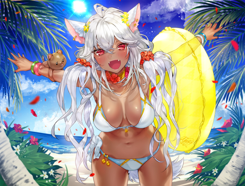 1girl ahoge animal_ear_fluff animal_ears bangle bangs bat_ears beach bead_necklace beads bikini blush bracelet breasts collarbone dark_skin day earrings fangs hair_between_eyes innertube jewelry large_breasts long_hair looking_at_viewer low_twintails mira_(ogino_atsuki) multiple_piercings navel neck_ring necklace ogino_atsuki open_mouth original outdoors outstretched_arms sidelocks silver_hair solo stomach swimsuit thighs twintails wavy_hair white_bikini