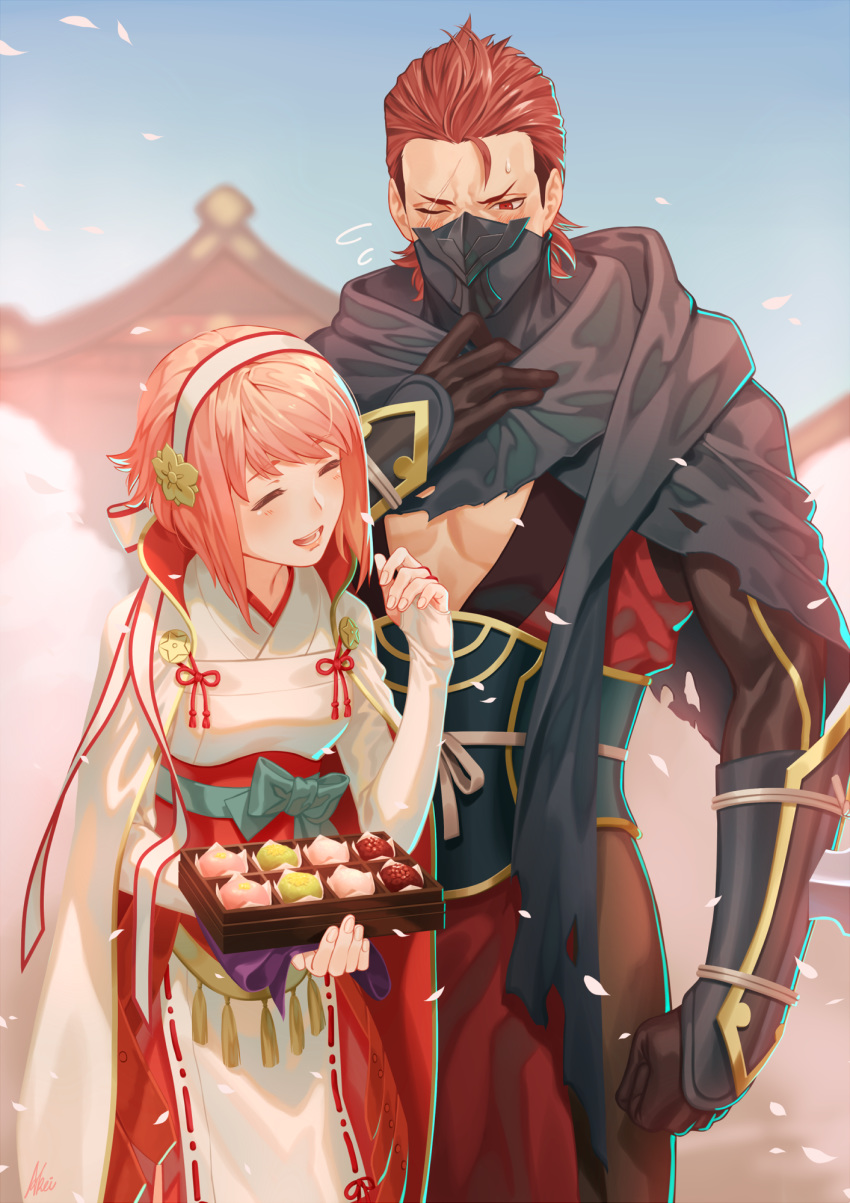 1boy 1girl =_= arm_at_side armor artist_name black_scarf blurry blurry_background blush cloak closed_eyes commentary_request cowboy_shot elbow_gloves fingerless_gloves fire_emblem fire_emblem_fates flying_sweatdrops food gloves hair_slicked_back hairband hand_on_own_chest hand_up highres holding holding_food iroha_(akei0710) japanese_armor japanese_clothes kimono kote looking_at_another mask medium_hair ninja ninja_mask one_eye_closed open_mouth pagoda pink_hair red_eyes redhead saizo_(fire_emblem) sakura_(fire_emblem) scar scar_across_eye scarf short_hair smile sweatdrop white_cloak white_gloves white_kimono