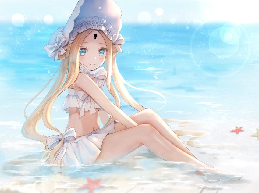 1girl abigail_williams_(fate/grand_order) bangs bare_arms bare_legs bare_shoulders bikini bikini_skirt blonde_hair blue_eyes blush bonnet bow bowtie braid closed_mouth commentary day eyebrows_visible_through_hair facial_mark fate/grand_order fate_(series) forehead_mark from_side full_body hair_bow keyhole knees_up lens_flare long_hair looking_at_viewer looking_to_the_side nasii navel outdoors parted_bangs shallow_water smile solo starfish swimsuit very_long_hair water white_bikini white_bow white_headwear white_neckwear