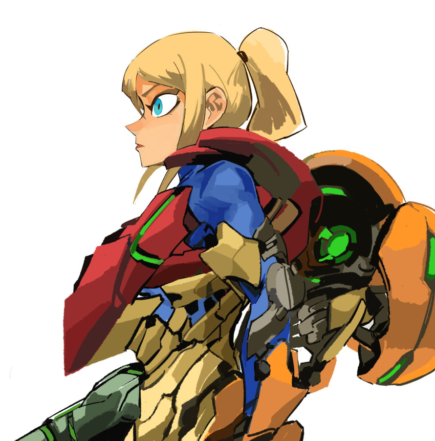 1girl 33dot arm_cannon blonde_hair blue_eyes english_commentary from_side highres looking_ahead metroid ponytail power_armor samus_aran solo weapon zero_suit