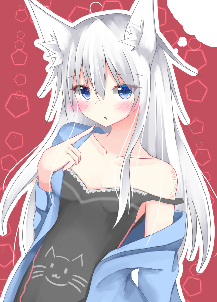 1girl animal_ear_fluff animal_ears animal_print bangs black_dress blue_eyes blue_jacket blush breasts cat_print collarbone commentary_request dress eyebrows_visible_through_hair fingernails fox_ears hair_between_eyes hand_up highres horomasa jacket long_fingernails long_hair long_sleeves looking_at_viewer off_shoulder open_clothes open_jacket original outline parted_lips print_dress red_background silver_hair sleeveless sleeveless_dress small_breasts solo upper_body white_outline