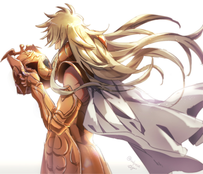 1boy aries_shion armor blonde_hair cape fingerless_gloves from_behind full_armor gold_saint golden_armor helmet long_hair male saint_seiya shining_armor simple_background vulpese white_background