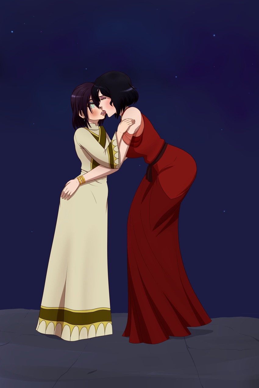 2girls absurdres age_difference alternate_hair_length alternate_hairstyle asami_sato ass_grab avatar:_the_last_airbender avatar_(series) black_hair commission commissioner_upload dress earrings eyeshadow french_kiss highres jewelry kiss lipstick m-a-v-e-r-i-c-k makeup multiple_girls nickelodeon non-web_source red_dress short_hair the_legend_of_korra time_paradox tongue tongue_out toph_bei_fong yuri