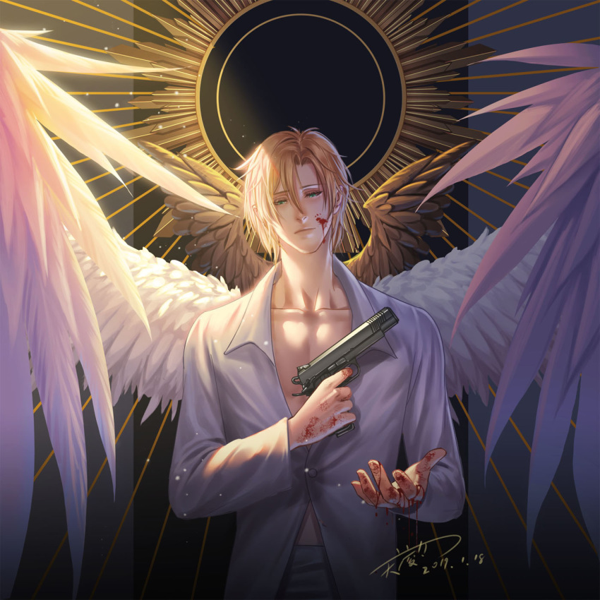 1boy angel angel_wings ash_lynx banana_fish blonde_hair blood blood_on_face bloody_hands english_commentary green_eyes gun handgun highres holding holding_gun holding_weapon looking_at_viewer male_focus pants pistol shirt short_hair simple_background solo t-shirt tianlingdoudou weapon wings