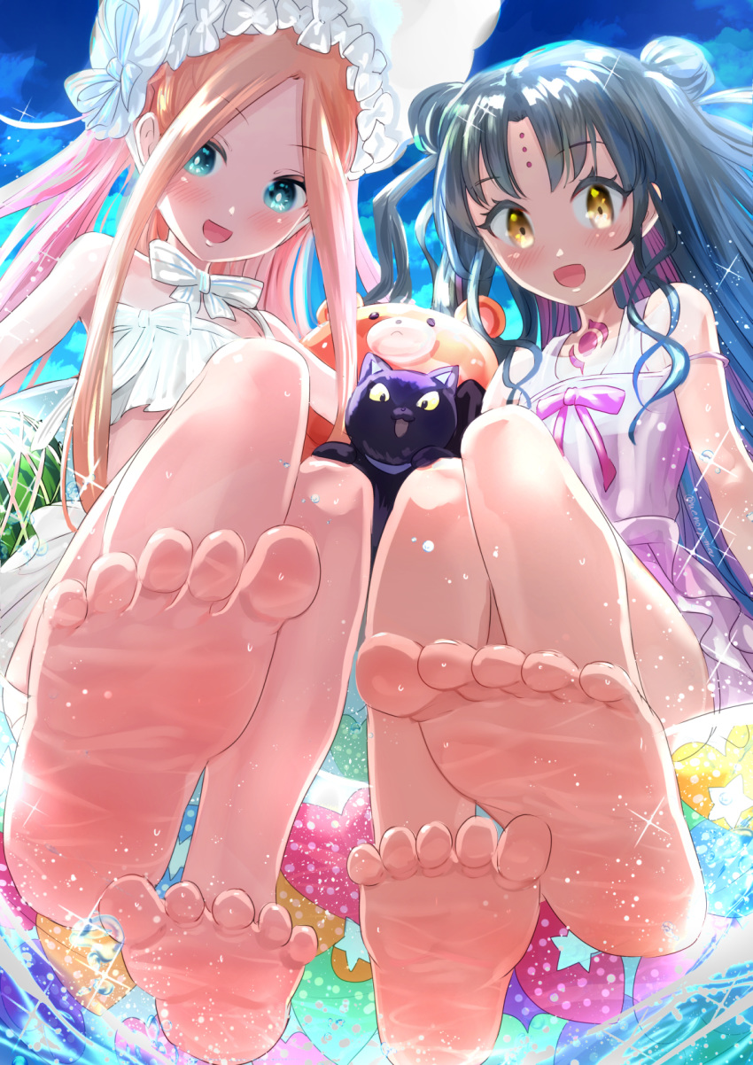 2girls abigail_williams_(fate/grand_order) abigail_williams_(swimsuit_foreigner)_(fate) bangs bare_shoulders barefoot bikini black_cat black_hair blonde_hair blue_eyes blue_sky blush bonnet bow breasts cat chest_tattoo double_bun dress_swimsuit facial_mark fate/grand_order fate_(series) feet forehead forehead_mark forehead_tattoo highres innertube long_hair looking_at_viewer multiple_bows multiple_girls open_mouth parted_bangs pink_hair pink_swimsuit sesshouin_kiara sesshouin_kiara_(lily) sidelocks sitting sky small_breasts smile soles swimsuit tattoo toes uenoryoma very_long_hair water wavy_hair white_bikini white_bow white_headwear yellow_eyes