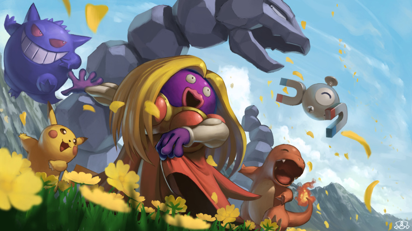 blonde_hair charmander clouds commentary_request day fire flame flower gen_1_pokemon gengar grass highres jynx magnemite mountain no_humans onix open_mouth outdoors pikachu pokemon pokemon_(creature) sky supearibu teeth tongue watermark