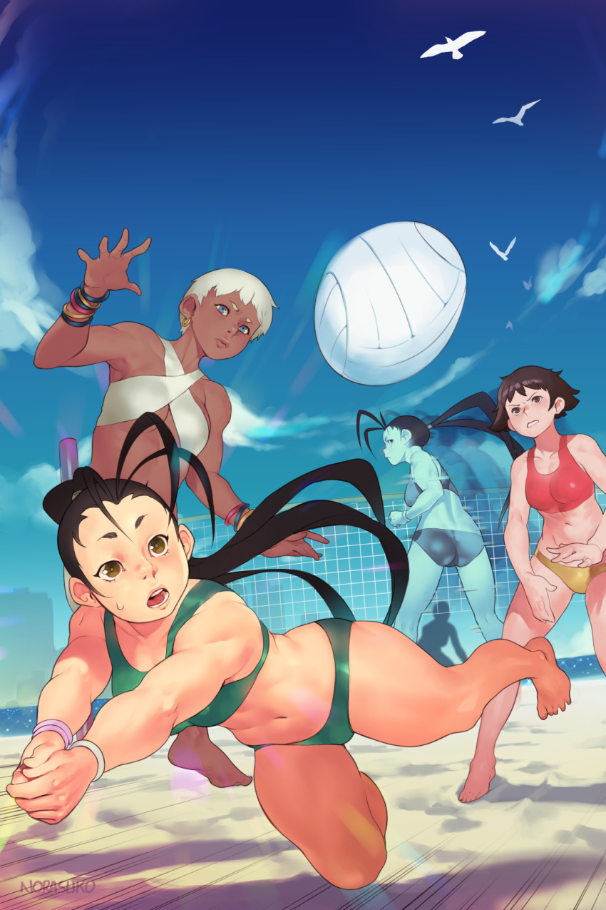 3girls afterimage antenna_hair ass bangle barefoot beach beach_volleyball bikini black_hair blue_eyes blue_sky bracelet breasts brown_eyes commentary criss-cross_halter dark_skin day earrings elena_(street_fighter) english_commentary gold_earrings green_swimsuit grey_hair halterneck highres hoop_earrings ibuki_(street_fighter) jewelry jumping long_hair makoto_(street_fighter) mismatched_bikini motion_lines multiple_girls norasuko ocean outdoors playing_sports ponytail red_swimsuit short_hair silver_swimsuit sky small_breasts sport sports_bikini street_fighter street_fighter_iii_(series) swimsuit under_boob very_dark_skin volleyball volleyball_net