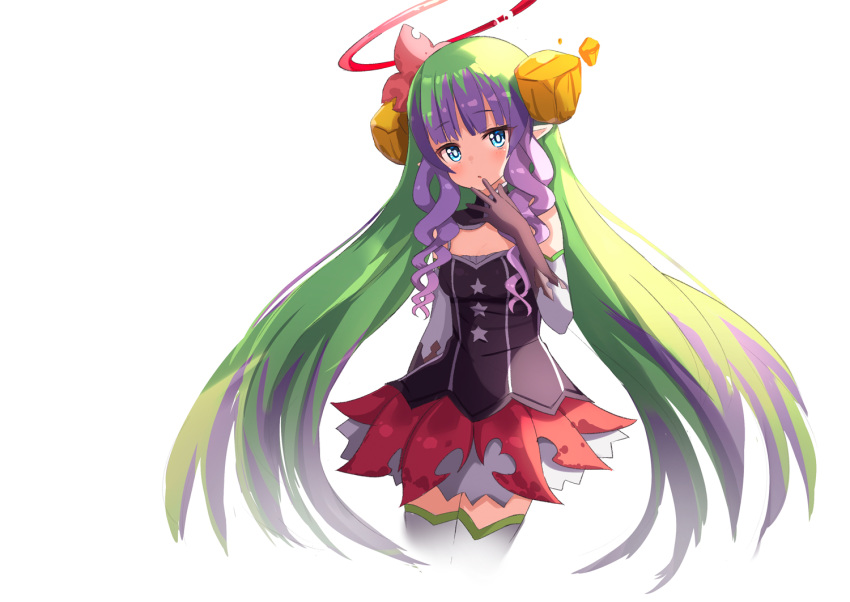 1girl :o ame. ameth_(princess_connect!) bangs bare_shoulders black_gloves blue_eyes breasts commentary_request cropped_legs detached_sleeves elbow_gloves eyebrows_visible_through_hair gloves green_hair halo hand_to_own_mouth hand_up long_hair long_sleeves multicolored_hair parted_lips pleated_skirt princess_connect! princess_connect!_re:dive purple_hair red_skirt simple_background skirt small_breasts solo thigh-highs two-tone_hair very_long_hair white_background white_legwear white_sleeves