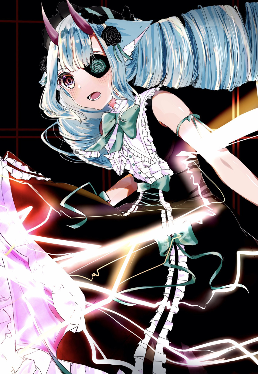 1girl animal_ear_fluff animal_ears bangs black_flower black_rose blue_hair blunt_bangs blush bracelet delmin_(show_by_rock!!) dress drill_hair eyepatch fang fire flower green_ribbon hair_between_eyes hair_ornament highres horns jewelry light_blue_hair lightning lightning_bolt long_hair lutz_compass multicolored multicolored_background multicolored_eyes no_nose open_mouth pink_horns purple_dress purple_ribbon purple_sailor_collar red_eyes ribbon rose sailor_collar show_by_rock!! simple_background sleeveless sleeveless_dress smile solo tsurime twin_drills very_long_hair yellow_eyes