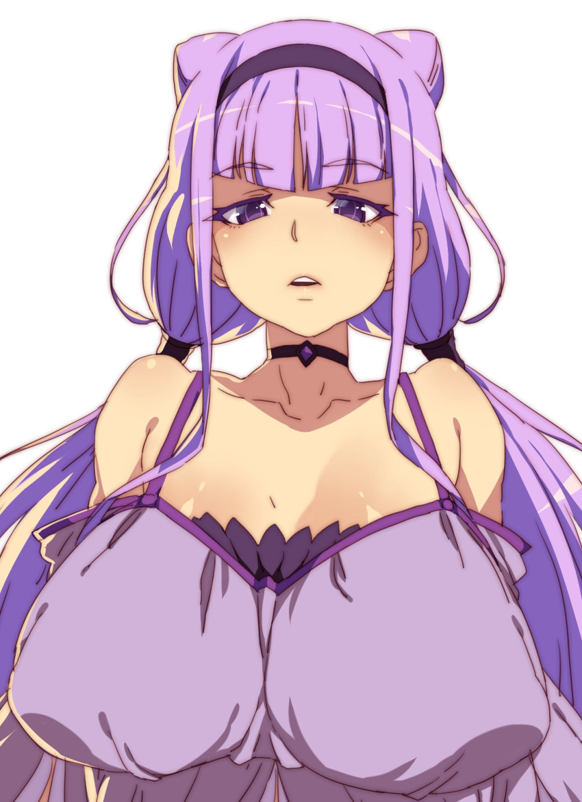 1girl bangs bare_shoulders black_choker blunt_bangs breasts character_request choker copyright_request dress eyebrows_visible_through_hair highres huge_breasts long_hair looking_at_viewer parted_lips purple_dress purple_hair simple_background solo tasaka_shinnosuke twintails upper_body white_background