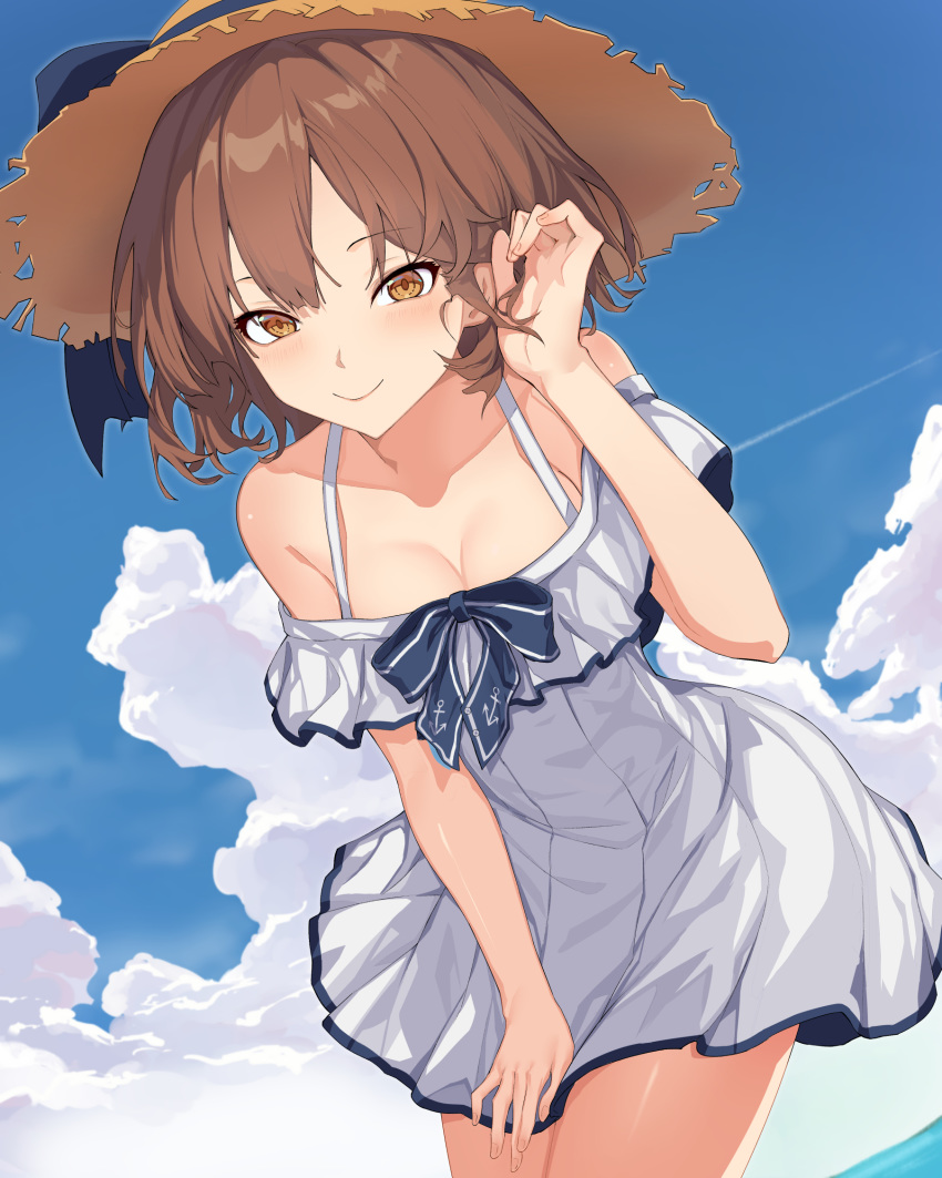 1girl anchor_symbol blush breasts brown_eyes brown_hair closed_mouth clouds cloudy_sky collarbone cowboy_shot day dress eyebrows_visible_through_hair hat highres kantai_collection oweee short_hair sky sleeveless sleeveless_dress small_breasts smile solo sun_hat white_dress yukikaze_(kantai_collection)