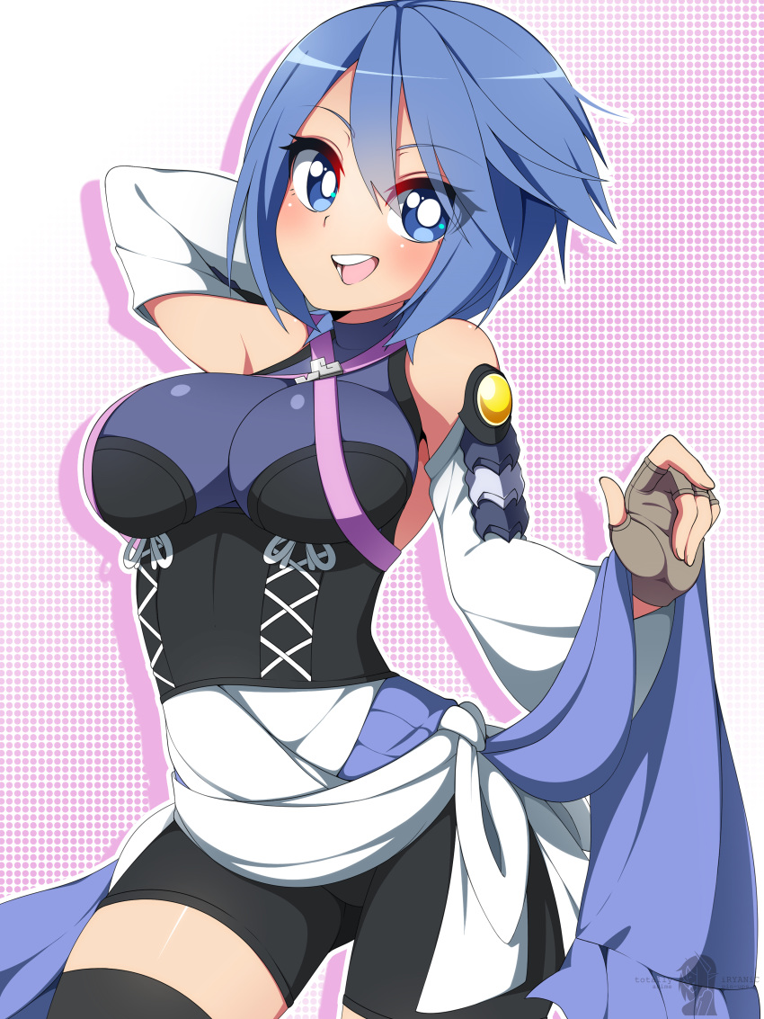 1girl :d absurdres aqua_(kingdom_hearts) bare_shoulders bike_shorts black_legwear blue_eyes blue_hair breasts bright_pupils cowboy_shot detached_sleeves fingerless_gloves gloves gradient gradient_background highres kingdom_hearts open_mouth pink_background short_hair skin_tight smile solo thigh-highs totallyiryanic white_background white_pupils