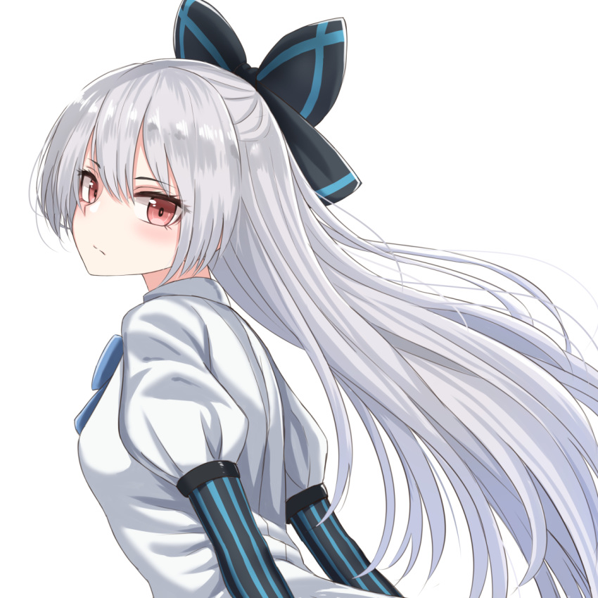 1girl bangs blue_bow blue_neckwear blush bow bowtie breasts closed_mouth commentary_request dress eyebrows_visible_through_hair girls_frontline gloves hair_bow highres long_hair puffy_short_sleeves puffy_sleeves red_eyes short_sleeves silver_hair simple_background solo striped striped_gloves tokarev_(girls_frontline) upper_body vertical-striped_gloves vertical_stripes very_long_hair white_background white_dress yakob_labo