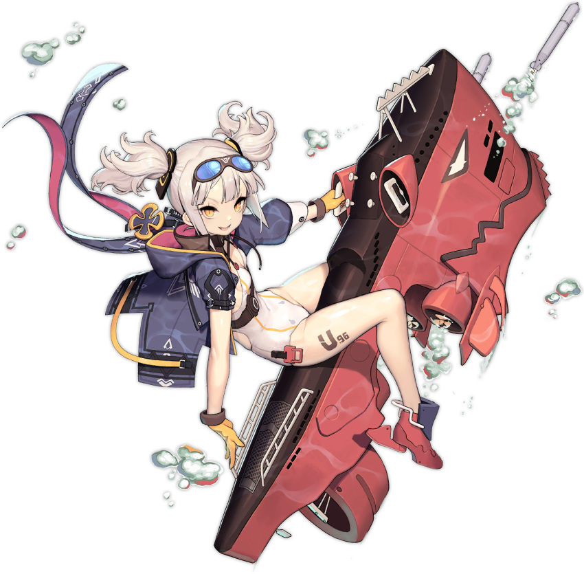 1girl azur_lane blue_jacket breasts gloves goggles goggles_on_head hair_ornament highleg highleg_swimsuit highres hood hood_down jacket kinjou_kuromomo long_hair looking_at_viewer machinery official_art one-piece_swimsuit open_clothes open_jacket open_mouth rudder_footwear side_cutout silver_hair slit_pupils small_breasts smile solo swimsuit thighs torpedo transparent_background twintails u-96_(azur_lane) v-shaped_eyebrows white_swimsuit yellow_eyes yellow_gloves