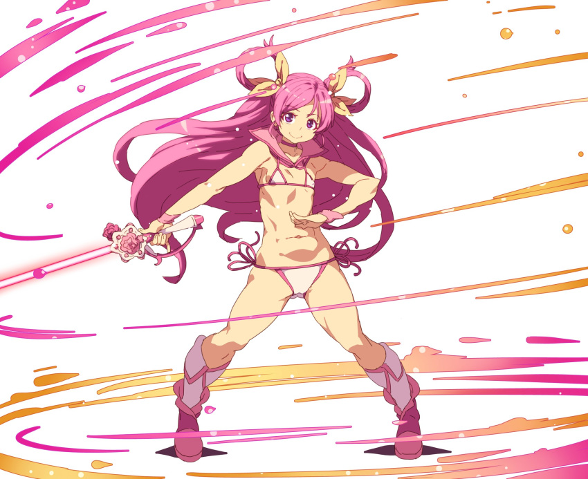 1girl ankle_boots bikini boots bow closed_mouth cure_dream fighting_stance flat_chest floating_hair full_body hair_bow highres holding holding_wand legs_apart long_hair looking_at_viewer navel pink_footwear pink_hair precure smile socks solo standing swimsuit tasaka_shinnosuke very_long_hair violet_eyes wand white_bikini white_legwear wristband yellow_bow yes!_precure_5 yes!_precure_5_gogo! yumehara_nozomi