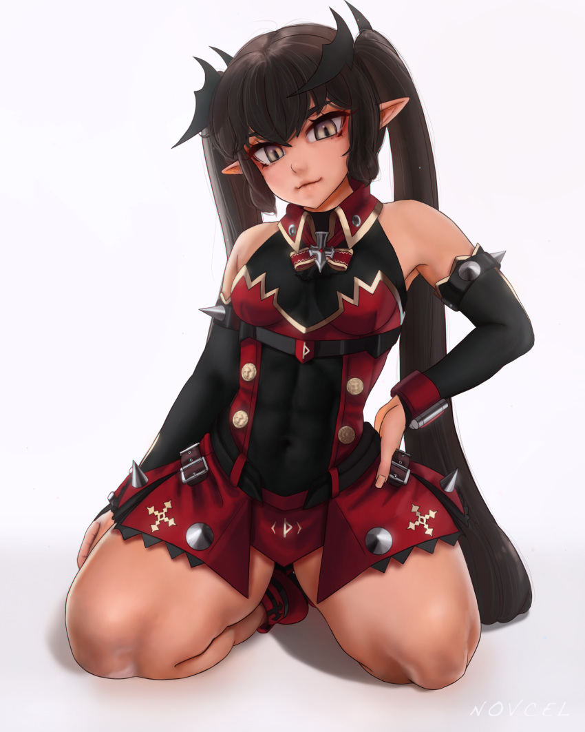 1girl abs bangs black_hair breasts closed_mouth covered_navel detached_sleeves dress english_commentary grey_background hair_ornament hand_on_hip highres kneeling lips long_hair medium_breasts muscle muscular_female novcel original pointy_ears red_footwear sidelocks signature simple_background solo spikes thighs twintails