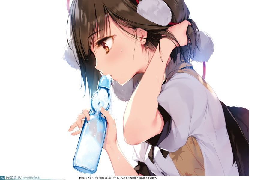 1girl absurdres arm_up black_hair black_wings blush bottle check_translation drinking feathers from_side hand_in_hair highres holding holding_bottle ke-ta non-web_source partially_translated pom_pom_(clothes) profile puffy_short_sleeves puffy_sleeves ramune red_eyes shameimaru_aya shirt short_hair short_sleeves simple_background solo string sweat tassel touhou translation_request upper_body white_background white_shirt wing_collar wings