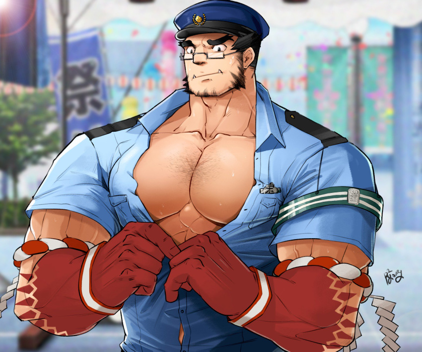 1boy abs bara beard body_hair bursting_pecs chest chest_hair facial_hair glasses hachimaki headband highres male_focus manly muscle nejiri_hachimaki p2yong pectorals police police_uniform small_head solo tajikarao_(tokyo_houkago_summoners) tokyo_houkago_summoners uniform upper_body