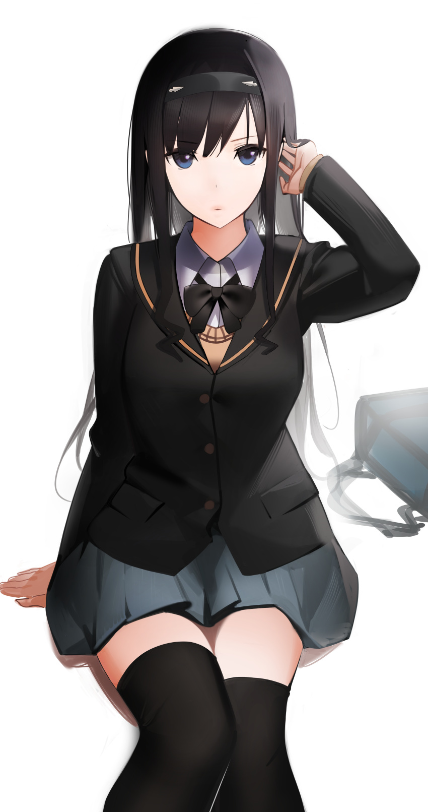 1girl absurdres amagami bag bangs black_hair black_hairband black_legwear black_neckwear black_sailor_collar blue_eyes closed_mouth collared_shirt dress_shirt eyebrows_visible_through_hair grey_skirt hair_between_eyes hairband highres huge_filesize kim992566 long_hair long_sleeves looking_at_viewer miniskirt morishima_haruka pleated_skirt sailor_collar school_bag shirt simple_background sitting skirt solo straight_hair sweater thigh-highs very_long_hair white_background white_shirt wing_collar zettai_ryouiki