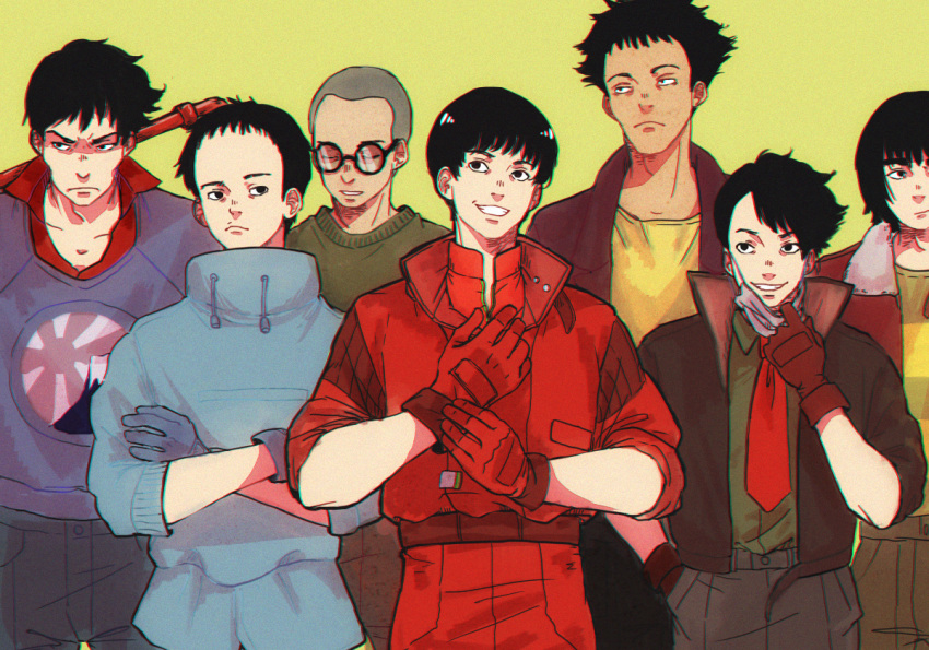 6+boys akira black_eyes black_hair character_request crossed_arms forehead frown glasses gloves green_shirt hand_in_pocket jacket kaneda_shoutarou male_focus mask mask_removed multiple_boys necktie penginius red_gloves red_jacket red_neckwear shima_tetsuo shirt yellow_background