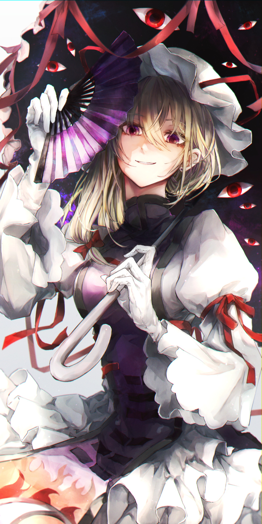 1girl absurdres alternate_eye_color alternate_hairstyle arm_ribbon arm_up bangs blonde_hair blurry bow breasts cowboy_shot depth_of_field dress earrings elbow_gloves eyebrows_visible_through_hair eyelashes eyes fan flame_print folding_fan gap_(touhou) gloves gradient gradient_background gradient_eyes grey_background grin hair_bow hair_strand hair_up hand_up hat hat_ribbon head_tilt highres holding holding_umbrella jewelry long_hair long_sleeves looking_at_viewer medium_breasts mob_cap multicolored multicolored_eyes puffy_long_sleeves puffy_sleeves red_eyes red_ribbon ribbon ribbon_trim safutsuguon shaded_face smile solo stud_earrings tabard touhou trigram turtleneck umbrella violet_eyes white_background white_dress white_gloves white_headwear wide_sleeves yakumo_yukari yin_yang_print