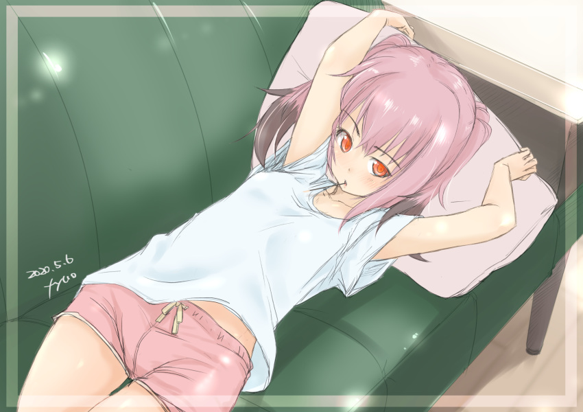 1girl bangs blush breasts brown_hair collarbone couch dated eyebrows_visible_through_hair food fyuo highres holding holding_pillow kantai_collection kunashiri_(kantai_collection) looking_at_viewer lying mouth_hold multicolored_hair on_back orange_eyes pillow pink_hair pink_shorts pocky shirt short_sleeves shorts signature small_breasts solo two-tone_hair two_side_up white_shirt