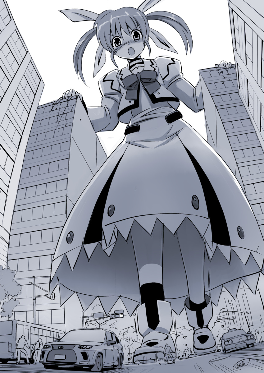 1girl angry artist_name bow bowtie building bus car city dress giantess ground_vehicle highres long_hair long_sleeves lyrical_nanoha magical_girl mahou_shoujo_lyrical_nanoha monochrome motor_vehicle open_mouth seo_tatsuya shoes signature takamachi_nanoha traffic_light twintails white_dress white_footwear