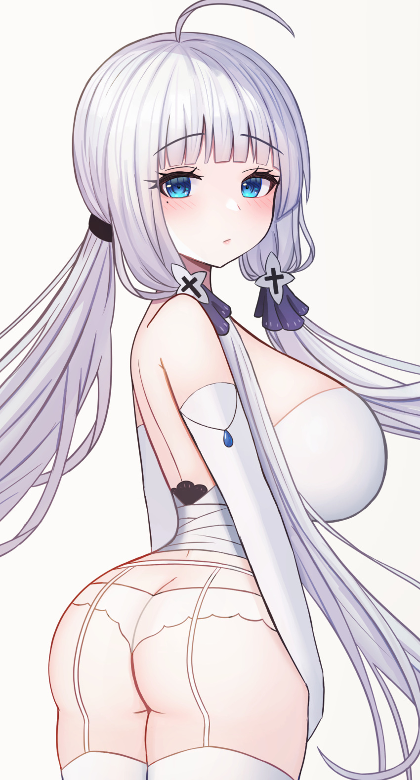 1girl ass azur_lane blue_eyes blush breasts closed_mouth elbow_gloves eyebrows_visible_through_hair gloves high_heels highres huge_breasts illustrious_(azur_lane) large_breasts long_hair looking_at_viewer looking_back platform_footwear shoes simple_background snow_dusk solo thigh-highs twintails underwear underwear_only white_gloves white_hair white_headwear white_legwear