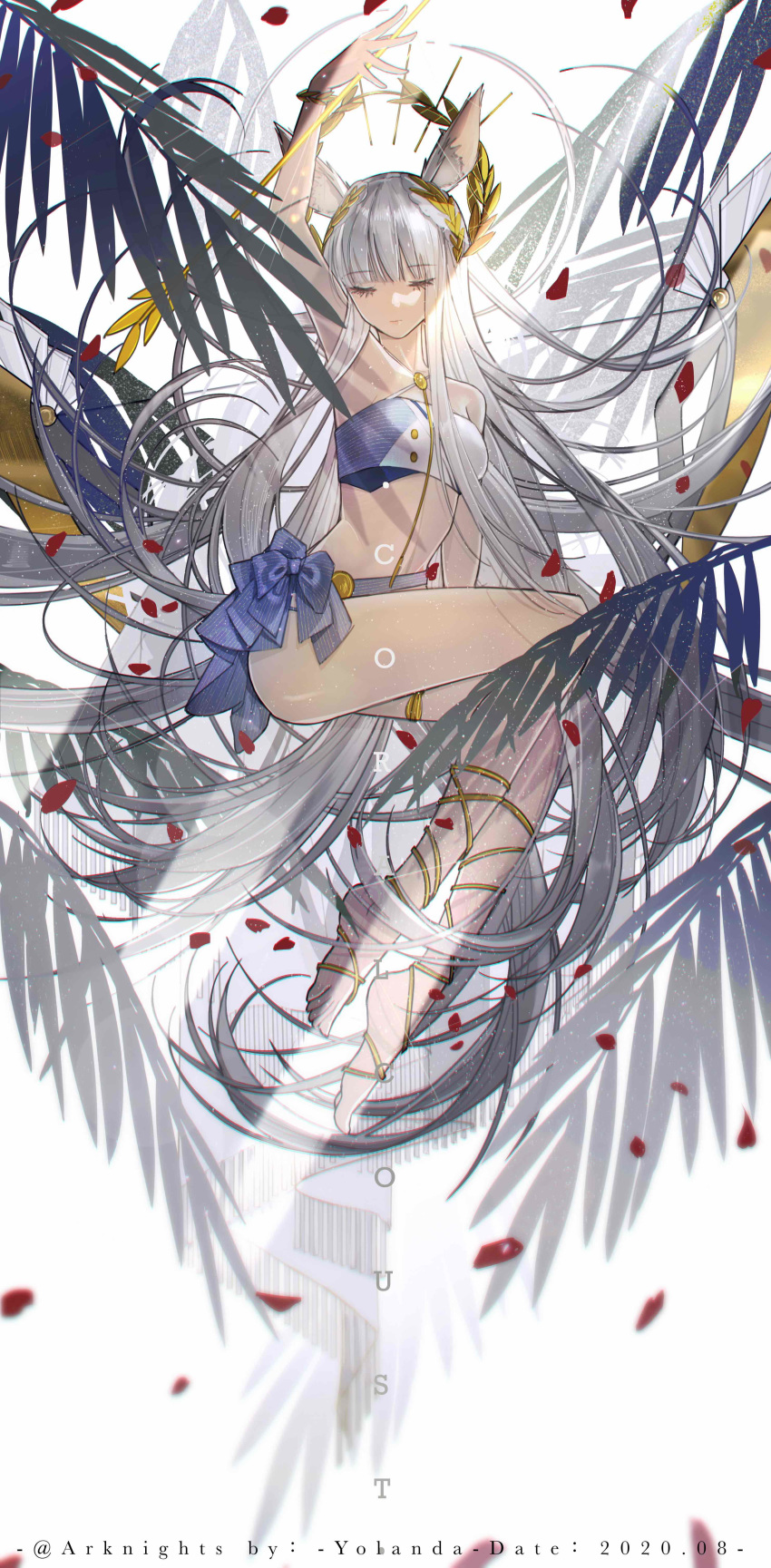 315732407 absurdres animal_ears arknights arm_up armpits bangs barefoot bikini bow closed_eyes eyebrows eyebrows_visible_through_hair eyelashes feet floating floating_hair highres hime_cut horse_ears laurel_crown lips long_hair palm_leaf petals platinum_(arknights) rose_petals swimsuit very_long_hair white_hair