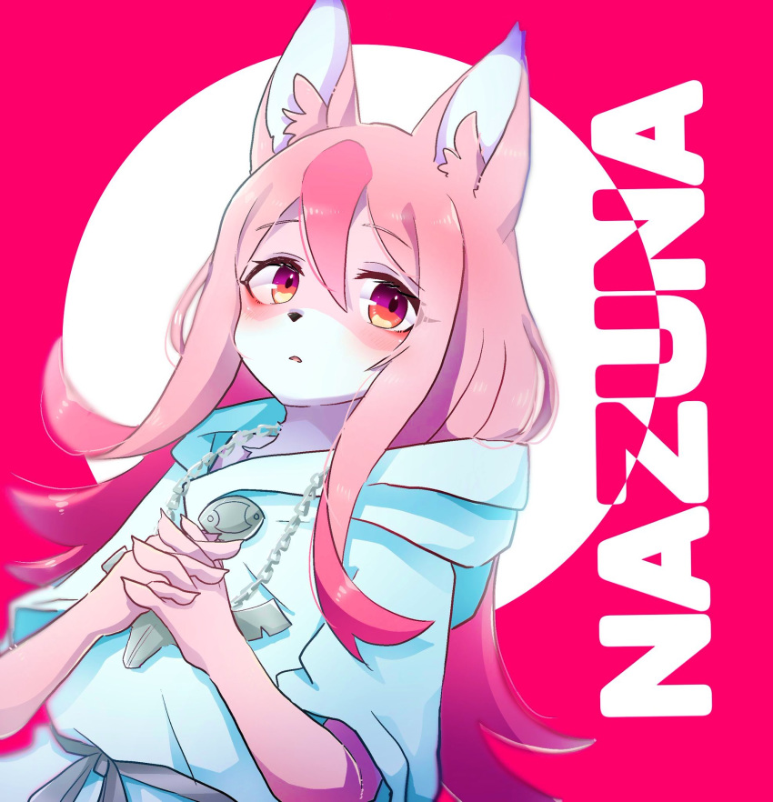 1girl animal_ears beru_(kuro_kemo28) blush brand_new_animal character_name eyebrows_visible_through_hair fox_ears fox_girl furry hair_between_eyes highres hiwatashi_nazuna jewelry long_hair looking_at_viewer multicolored_hair pendant pink_hair red_eyes short_sleeves solo two-tone_hair