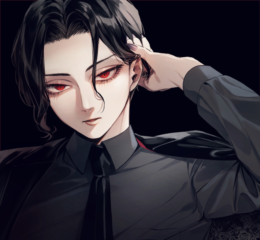 1boy black_background black_hair black_suit closed_mouth fingernails glaring hand_to_head highres kibutsuji_muzan kimetsu_no_yaiba long_hair looking_at_viewer necktie red_eyes shirt simple_background sitting slit_pupils solo yamada_chickenko