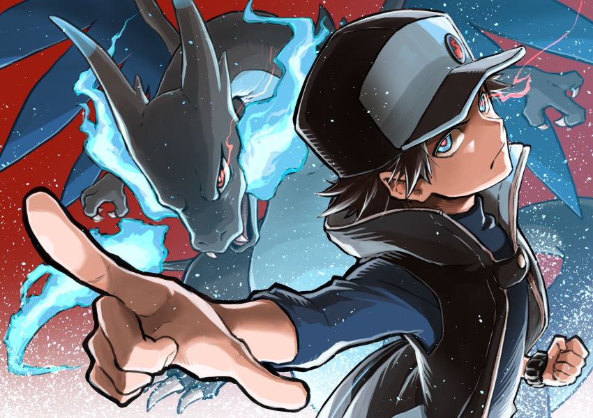 1boy badge baseball_cap black_coat black_hair blue_eyes blue_fire charizard clenched_hand closed_mouth coat commentary_request dragon fire frown gen_1_pokemon glowing glowing_eyes hat highres looking_to_the_side mega_charizard_x mega_pokemon official_alternate_costume pointing pokemon pokemon_(creature) pokemon_(game) pokemon_masters popped_collar red_(pokemon) seijun spiky_hair turtleneck