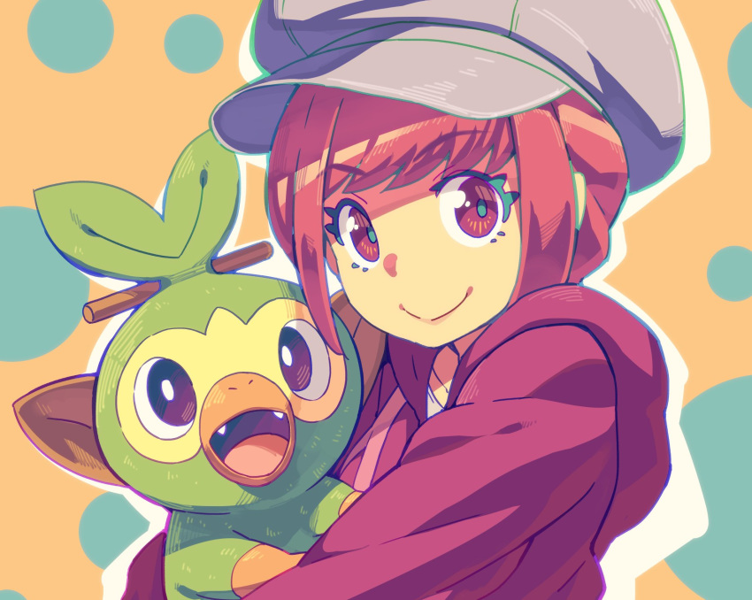 1girl :d closed_mouth eyebrows_visible_through_hair gen_8_pokemon grey_headwear grookey hat highres holding holding_pokemon hood hood_down hoodie long_sleeves looking_at_viewer open_mouth original outline pokemon pokemon_(creature) pokemon_(game) pokemon_swsh red_eyes red_hoodie redhead smile solo tasaka_shinnosuke white_outline