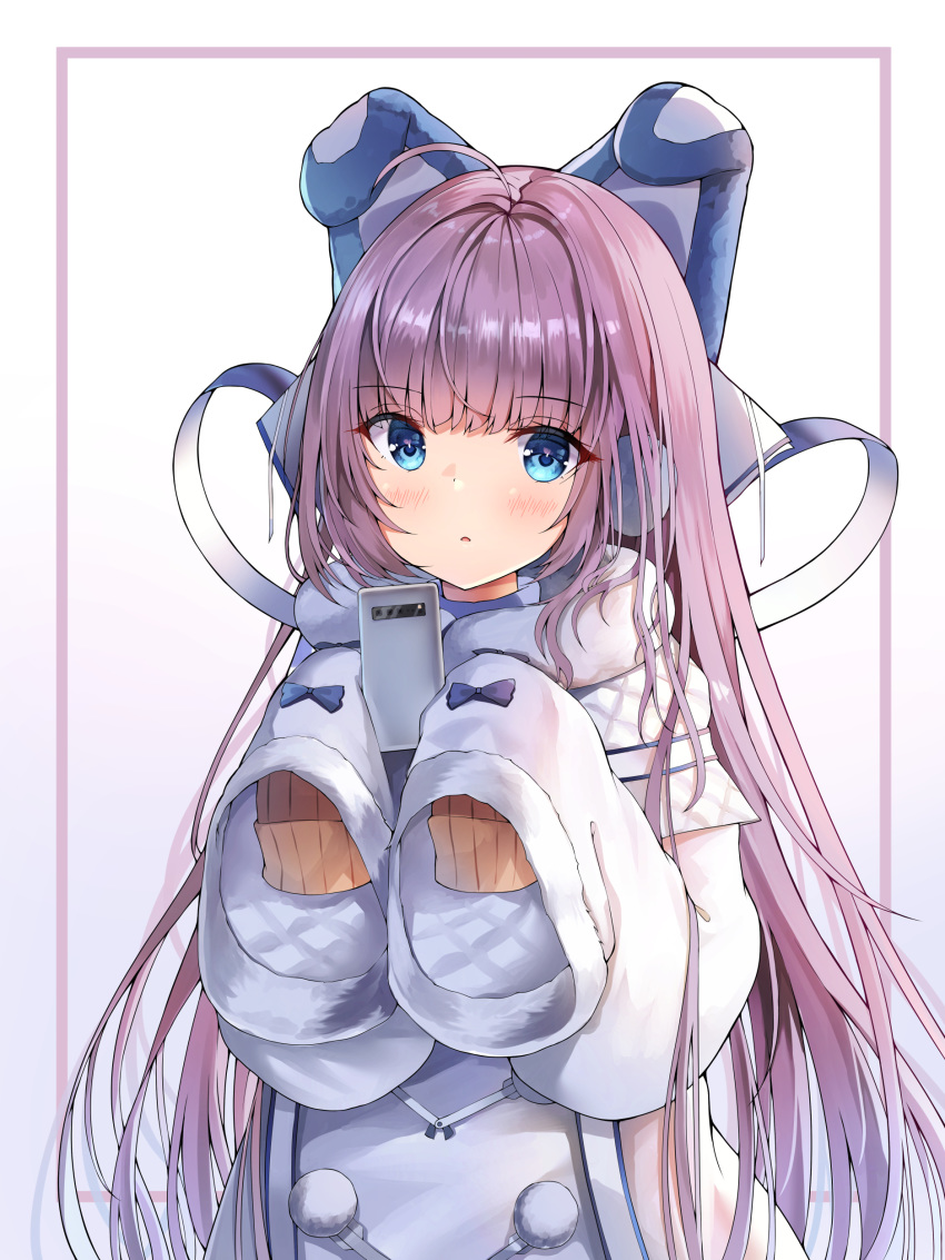 1girl absurdres ahoge azur_lane bangs blue_bow blue_eyes blunt_bangs blush bow cellphone coat earmuffs eyebrows_visible_through_hair hair_bow highres long_hair long_sleeves looking_at_viewer parted_lips phone pom_pom_(clothes) purple_bow purple_hair sleeves_past_fingers sleeves_past_wrists smartphone sobmarine straight_hair tashkent_(azur_lane) two-tone_background upper_body very_long_hair white_background white_coat winter_clothes winter_coat