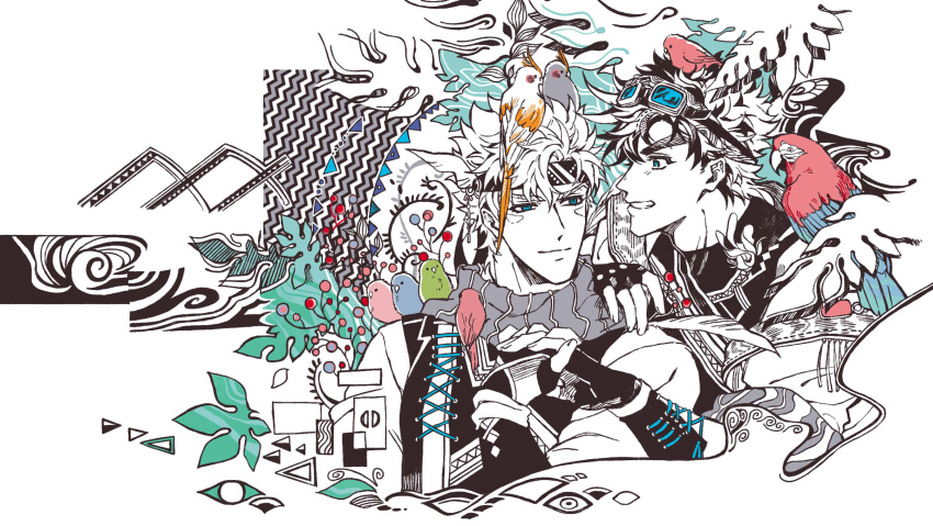 2boys alternate_costume animal_on_head animal_on_shoulder aqua_eyes arm_on_shoulder battle_tendency bird bird_on_head bird_on_shoulder caesar_anthonio_zeppeli facial_mark feather_hair_ornament feathers fingerless_gloves gloves goggles goggles_on_head grin hair_feathers hair_ornament headband highres holding_hands interlocked_fingers jojo_no_kimyou_na_bouken joseph_joestar_(young) leaf leaf_background light_smile looking_at_another macaw male_focus multiple_boys nigelungdayo on_head parrot scarf short_hair smile spiky_hair striped striped_scarf