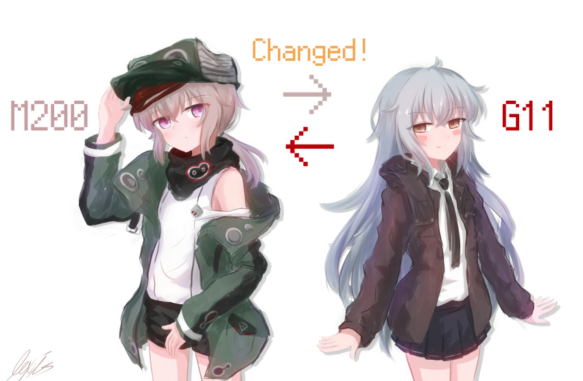 2girls absurdres arrow_(symbol) character_name cosplay costume_switch english_text g11_(girls_frontline) g11_(girls_frontline)_(cosplay) girls_frontline grey_hair highres jacket lexis_yayoi long_hair m200_(girls_frontline) m200_(girls_frontline)_(cosplay) multiple_girls necktie ponytail scarf shorts skirt violet_eyes white_hair