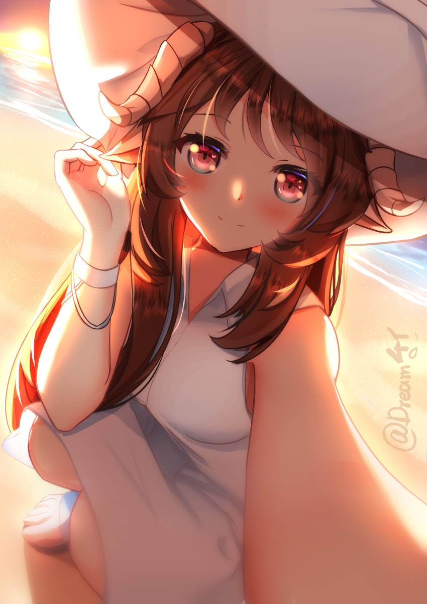 1girl absurdres animal_ears arknights bangs beach blush breasts brown_hair collared_dress curled_horns day dream41 dress eyjafjalla_(arknights) highres horns long_hair looking_at_viewer outdoors reaching_out red_eyes sandals self_shot sheep_ears sheep_horns sleeveless sleeveless_dress smile solo white_dress wristband