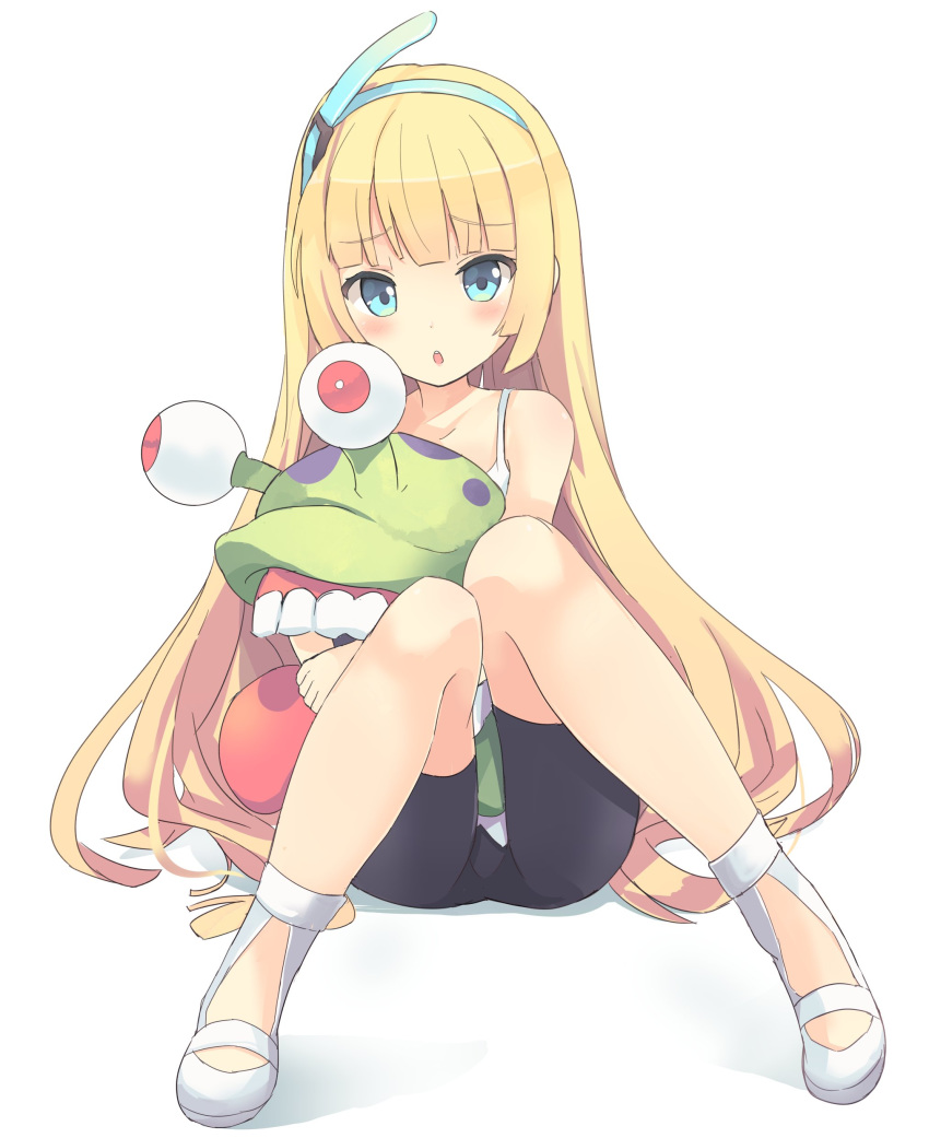 1girl 1other absurdres ass bike_shorts black_shorts blonde_hair blue_eyes blush commentary_request digimon digimon_world_-next_0rder- dress hairband highres hug isegawa_yasutaka knees_together_feet_apart knees_up legs long_hair luche numemon open_mouth shoes short_dress shorts shorts_under_dress simple_background sitting sundress thighs very_long_hair white_background white_dress white_footwear