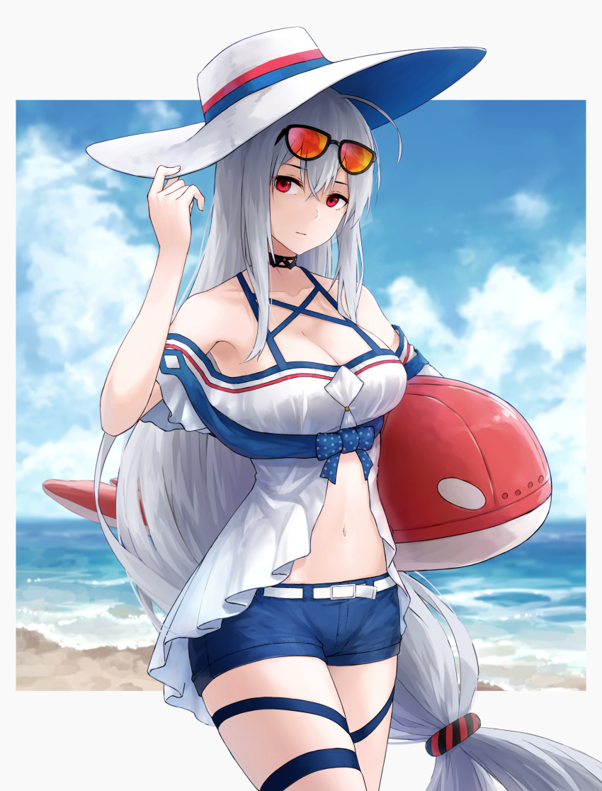 1girl ahoge allen.n arknights bangs bare_shoulders belt black_choker blue_shorts blue_sky choker clouds commentary_request cowboy_shot day eyewear_on_head hair_between_eyes hand_up hat highres inflatable_orca inflatable_toy long_hair looking_at_viewer low-tied_long_hair navel off-shoulder_shirt off_shoulder partial_commentary red_eyes shirt short_shorts short_sleeves shorts silver_hair skadi_(arknights) sky solo standing stomach sun_hat sunglasses thigh_strap thighs very_long_hair white_belt white_headwear white_shirt