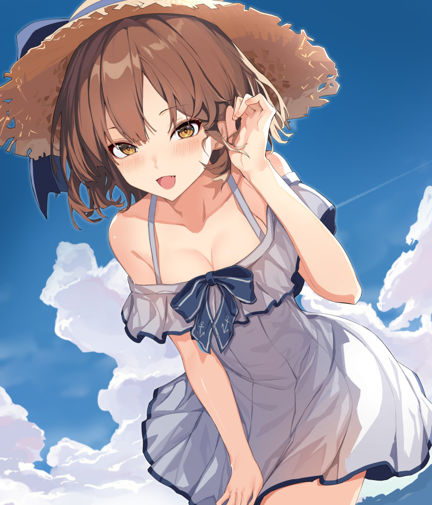 1girl anchor_symbol blush breasts brown_eyes brown_hair clouds cloudy_sky collarbone cowboy_shot day dress eyebrows_visible_through_hair hat highres kantai_collection open_mouth oweee revision short_hair sky sleeveless sleeveless_dress small_breasts smile solo sun_hat white_dress yukikaze_(kantai_collection)