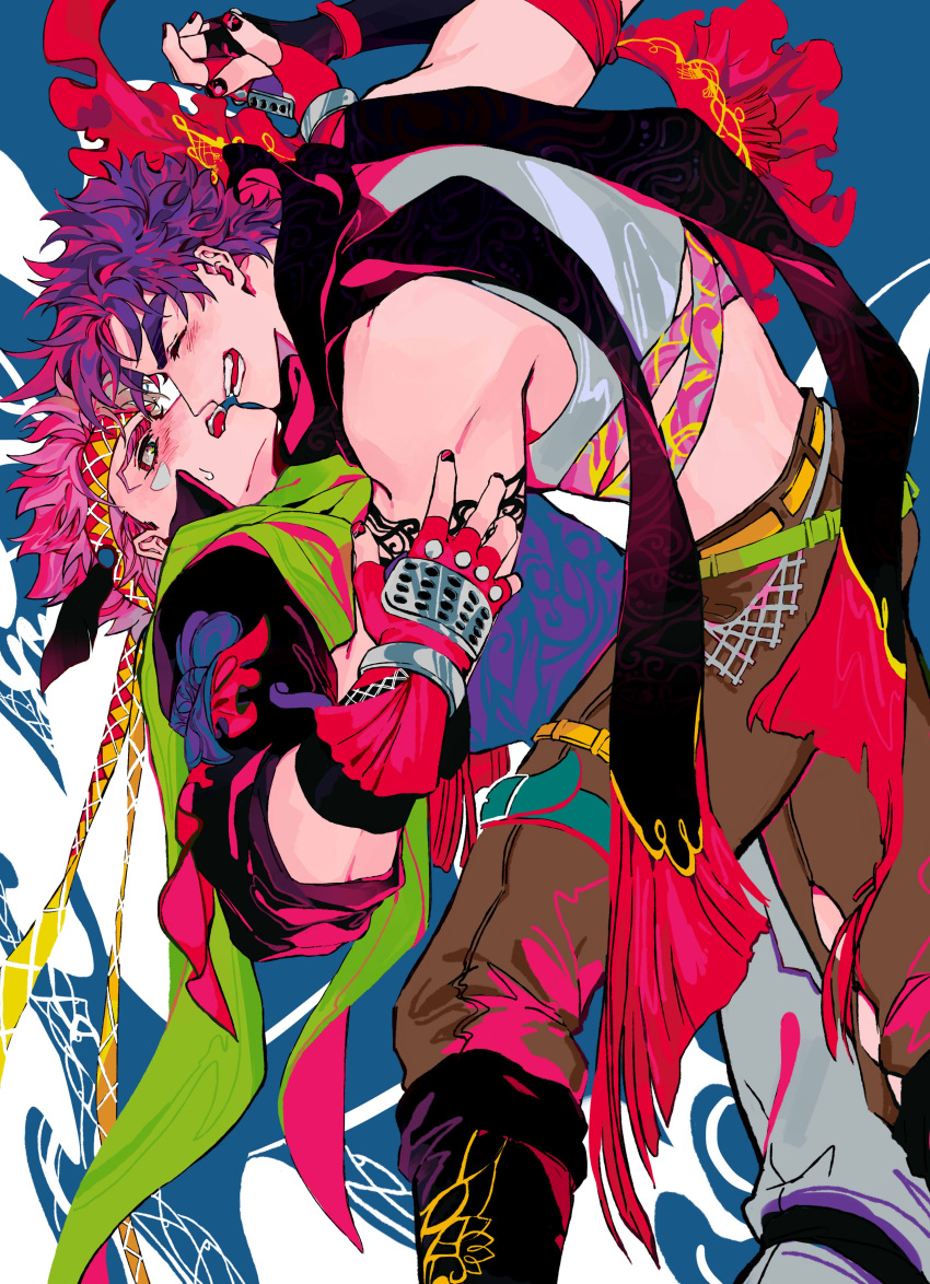 2boys absurdres alternate_color alternate_hair_color bare_shoulders battle_tendency belt black_footwear black_scarf blush boots brown_pants caesar_anthonio_zeppeli closed_eyes colorful crop_top dipping embarrassed facial_mark feather_hair_ornament feathers fingerless_gloves flustered gloves green_eyes green_scarf grey_pants grin hair_feathers happy headband highres holding_hands interlocked_fingers jacket jojo_no_kimyou_na_bouken joseph_joestar_(young) knee_boots leaning_back leaning_forward leg_belt looking_at_another male_focus midriff multiple_belts multiple_boys nigelungdayo open_mouth pants pink_hair purple_hair red_gloves scarf short_hair sleeveless smile spiky_hair sweatdrop tattoo thigh_strap