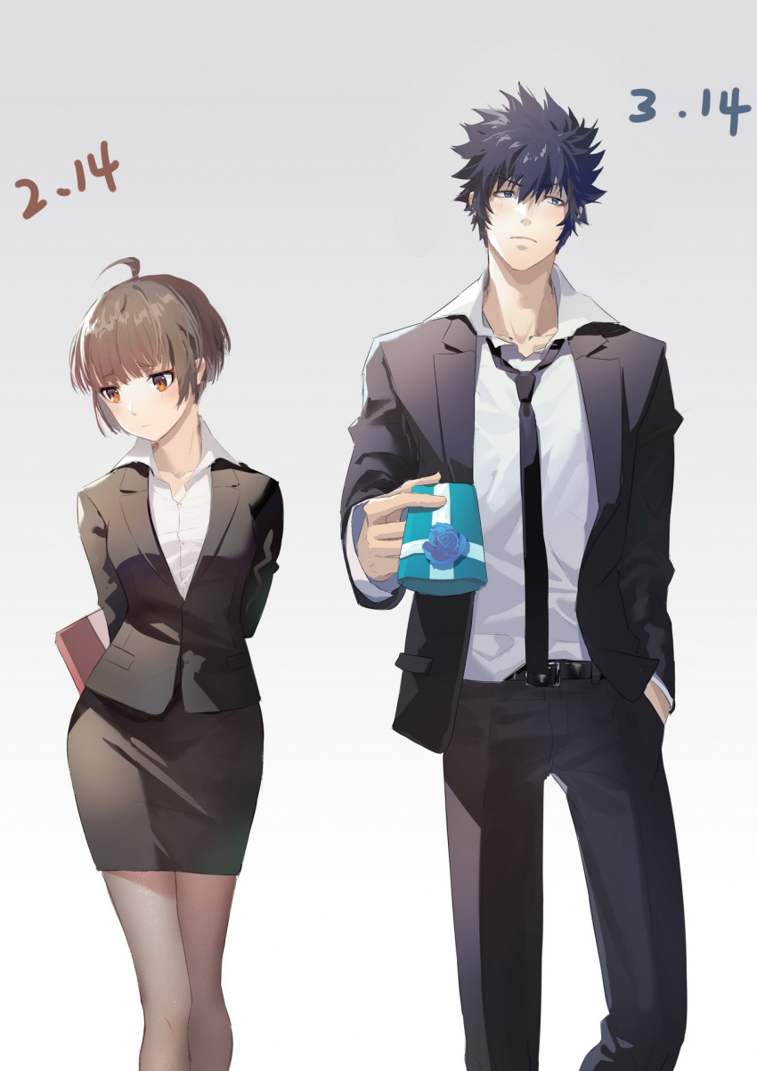 1boy 1girl ahoge arms_behind_back black_hair black_jacket black_pants black_skirt blazer blue_eyes blush bob_cut box brown_eyes catcan closed_mouth collared_shirt eyebrows_visible_through_hair formal gift gift_box gradient gradient_background grey_background hand_in_pocket highres holding jacket kougami_shin'ya long_sleeves looking_away miniskirt open_blazer open_clothes open_jacket pant_suit pants pantyhose pencil_skirt psycho-pass shiny shiny_hair shirt short_hair skirt skirt_suit spiky_hair standing suit tsunemori_akane white_background white_shirt wing_collar