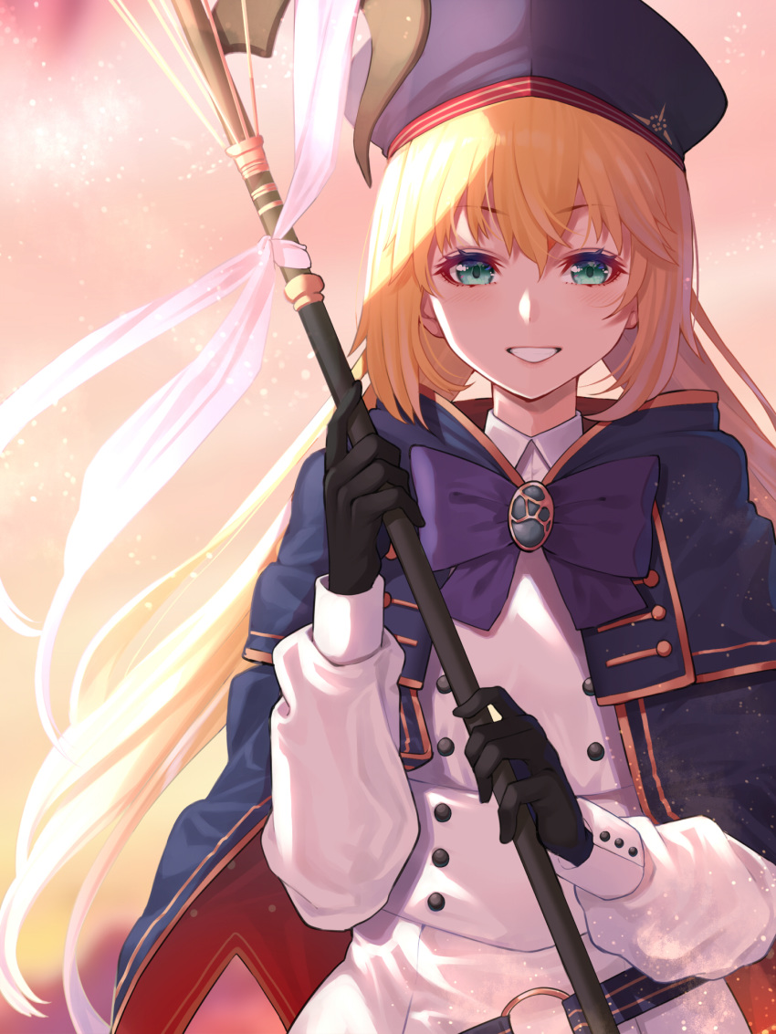 1girl artoria_pendragon_(all) artoria_pendragon_(caster) bangs beret black_gloves blonde_hair blush bow bowtie breasts buttons capelet collared_shirt commentary_request double-breasted eyebrows_visible_through_hair fate/grand_order fate_(series) gloves green_eyes grin hat highres holding holding_staff jacket long_hair long_sleeves looking_at_viewer mikan_(chipstar182) o-ring_belt outdoors pantyhose parted_lips purple_bow purple_capelet purple_headwear purple_neckwear red_capelet shirt skirt smile solo staff striped_belt twintails upper_body white_jacket