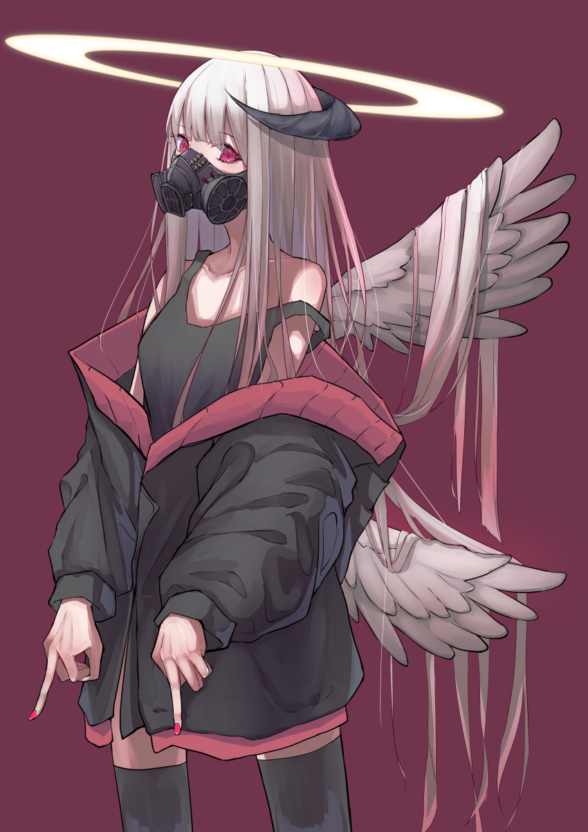 1girl absurdres angel angel_wings double_middle_finger gas_mask halo highres horns jacket long_hair looking_at_viewer middle_finger mnetyara multiple_wings nail_polish off_shoulder original red_eyes solo tank_top thigh-highs very_long_hair white_hair wings